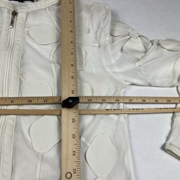 Dolce Cabo Ivory Mesh Floral Appliqué Zip Blouse Jacket Womens Small Sheer FLAW - Picture 5 of 12